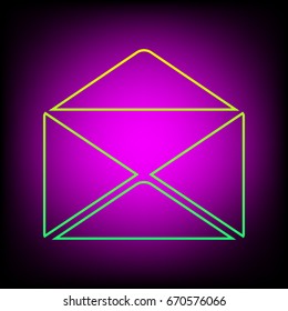 Envelope icon. Mail sign. Vector. Yellow-green gradient linear icon on magenta light as background