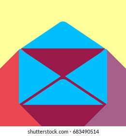 Envelope icon. Mail sign. Vector. Deep sky blue icon with two flat violet and raspberry semitransparent shadows on canary background.