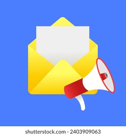 Envelope icon with megaphone. Flat, color, red speaker, yellow envelope with sheet. Vector icon