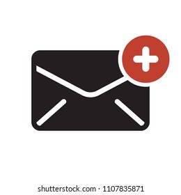 Envelope icon, multimedia icon with add sign. Envelope icon and new, plus, positive symbol. Vector illustration