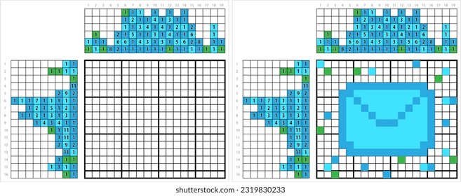 Envelope Icon Nonogram Pixel Art, Paper Envelope, Packaging Item, Mail, Email Icon, Electronic Mail Vector Art Illustration, Logic Puzzle Game Griddlers, Pic-A-Pix, Picture Paint By Numbers, Picross