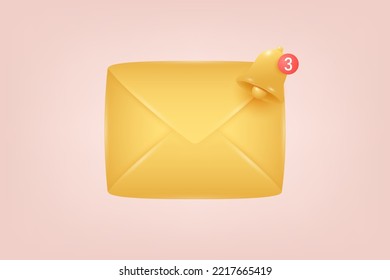 Envelope icon with notification number. 3d yellow bell notification with the new subscribers for social media reminder. E-mail reminder. 3d vector illustration.