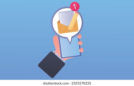 Envelope Icon with notifications of new messages on a smartphone held in hand, letter, e-mail.on blue background.Vector Design Illustration.