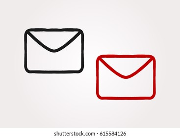 Envelope icon. Painted by hand rough brush. Red and black isolated symbol. Grunge. Vector illustration.