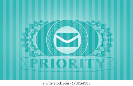 icono de sobre y texto prioritario Insignia turquesa. Barras de fondo a la moda. Ilustración. 