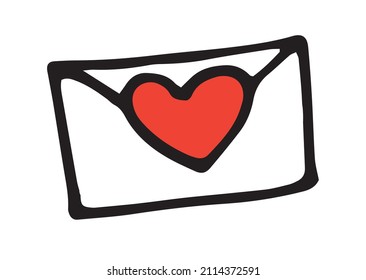 an envelope icon with a red heart. A closed envelope with a heart seal is hand-drawn in a doodle style with a black line on a white background for a romantic design template. the love symbol 