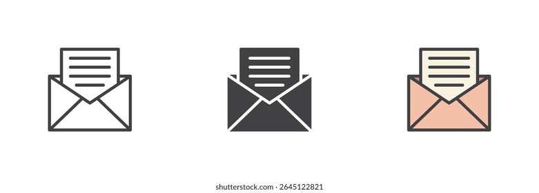 Envelope icon representing mail or message. Comes in line icon, solid glyph and colorful filled outline style. Vector communication or email symbol.