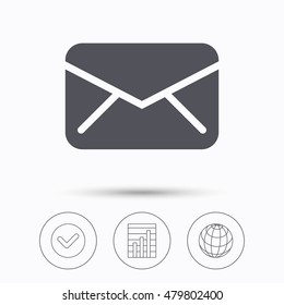 Envelope icon. Send email message sign. Internet mailing symbol. Check tick, graph chart and internet globe. Linear icons on white background. Vector
