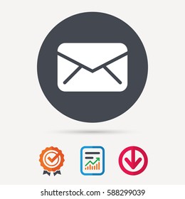 Envelope icon. Send email message sign. Internet mailing symbol. Report document, award medal with tick and new tag signs. Colored flat web icons. Vector