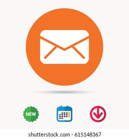 Envelope icon. Send email message sign. Internet mailing symbol. Calendar, download arrow and new tag signs. Colored flat web icons. Vector