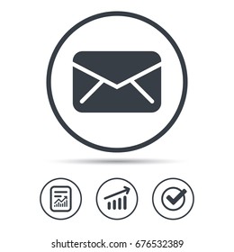 Envelope icon. Send email message sign. Internet mailing symbol. Report document, Graph chart and Check signs. Circle web buttons. Vector