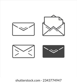 Juego de iconos de sobre #1. Cuatro iconos que representan sobres en blanco y negro, gráficos, iconos para sitios web y aplicaciones