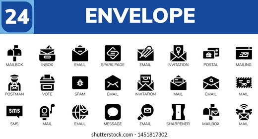 envelope icon set. 24 filled envelope icons.  Simple modern icons about  - Mailbox, Inbox, Email, Spark page, Invitation, Postal, Mailing, Postman, Vote, Spam, Mail, Sms, Message