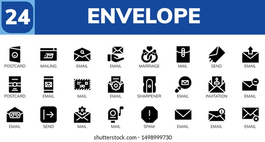 envelope icon set. 24 filled envelope icons.  Collection Of - Postcard, Mailing, Email, Marriage, Mail, Send, Sharpener, Invitation, Spam
