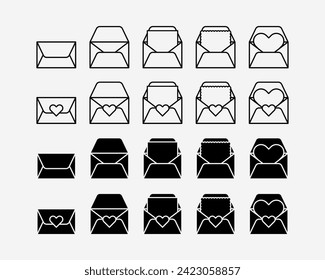 Envelope icon set. Basic flat design mail, message, paper, document, note, invitation, letter, card. Letter inside an opened envelope sign symbol. Love letter. 02