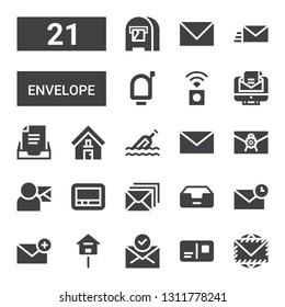 envelope icon set. Collection of 21 filled envelope icons included Envelope, Postcard, Mail, Mailbox, Email, Inbox, Pager, Message, Address, Wireless internet, Mail box
