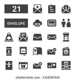 envelope icon set. Collection of 21 filled envelope icons included Post office, Postcard, Email, Appointment book, Mail, Mailbox, Invitation, Contact, Letterbox, Inbox, Bride