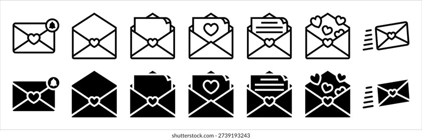 Envelope icon set. A collection of envelope icons with hearts and notifications in black and white.