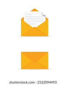 Envelope icon set flat style simple design stock illustration. Opened and closed envelope with note paper card. Mail icon. Vector illustration. stock illustration