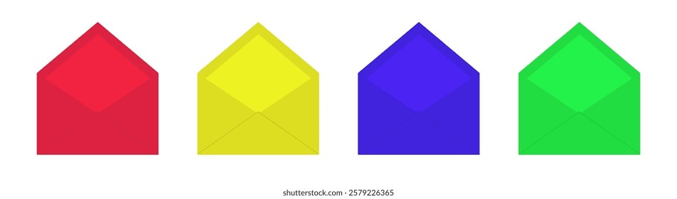 Envelope icon set line. Open letter. Red Blue Yellow Green Folded Unfolded envelopes. Christmas, Love greeting card template. Happy Valentines Day. Cute decoration. Flat design White background Vector