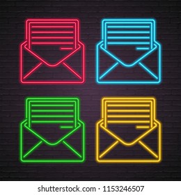 Envelope Icon Set Neon Light Glowing Vector Illustration Flat Isolated with Dark Background