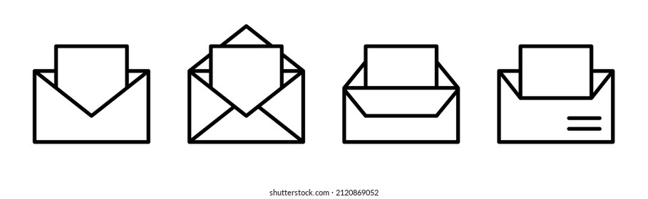 Envelope icon set. Open mail icon in line. Message symbol in outline. Mail envelope in outline. Letter sign. Open email symbol in linear. Stock vector illustration