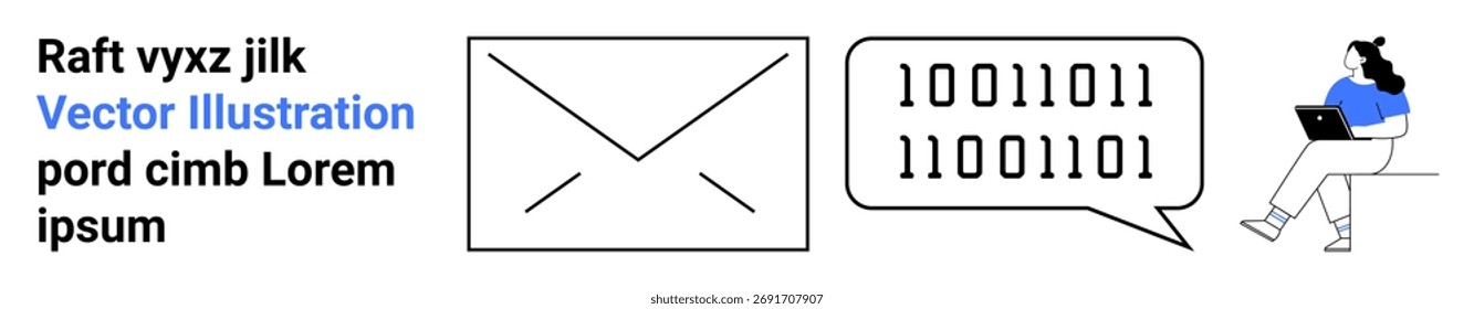 Envelope icon, speech bubble with binary code, woman with a laptop. Ideal for email marketing, digital communication, coding, programming, tech education, user interface design, website content