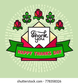 Envelope icon with Thanks message and flowers. Ribbon banner with text Happy Thanks Day. Thank You card. Vector illustration. 