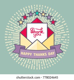 Envelope icon with Thanks message and stars. Ribbon banner with text Happy Thanks Day. Thank You card. Vector illustration. 