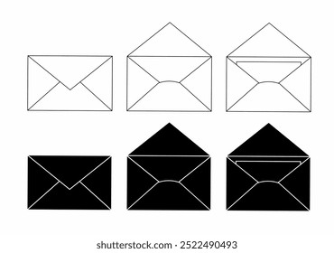 ícone de envelope em duas linhas.envelope branco com linhas pretas finas em diferentes estados (fechado e aberto). A linha inferior tem um envelope preto com uma borda branca.