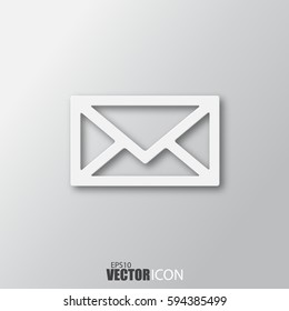 Envelope icon in white  style with shadow isolated on grey background. For your design, logo. Vector illustration.
