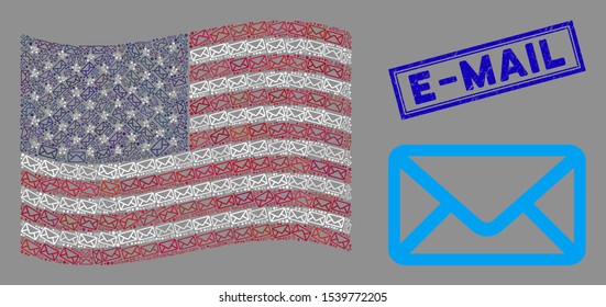 Envelope icons are combined into USA flag abstraction with blue rectangle corroded stamp watermark of E-Mail phrase. Vector collage of America waving state flag is made of envelope icons.