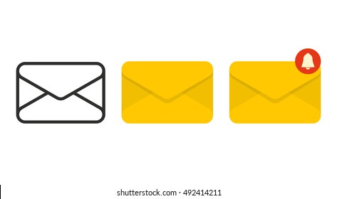 Envelope icons isolated on white background. Black and colored envelopes. E-mail symbol with notification. Vector flat icons