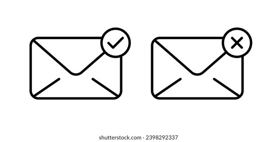 Envelope-Symbole. Umrisse, genehmigte und zurückgewiesene Umschläge, Kreuzung und Ankreuzen des Umschlags. Vektorsymbole