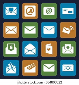 envelope icons set. Set of 16 envelope filled icons such as mail, love letter, email, at email, letter