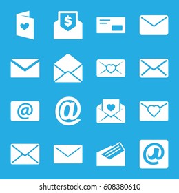 Envelope icons set. set of 16 envelope filled icons such as mail, love letter, email, at email, letter, envelop