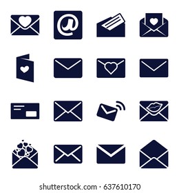 Envelope icons set. set of 16 envelope filled icons such as love letter, envelope, at email, mail, letter