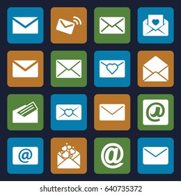 Envelope icons set. set of 16 envelope filled icons such as mail, love letter, envelope, email, at email, letter