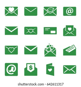 Envelope icons set. set of 16 envelope filled icons such as mail, love letter, email, at email, letter, envelop