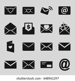 Envelope icons set. set of 16 envelope filled icons such as mail, love letter, email, envelop