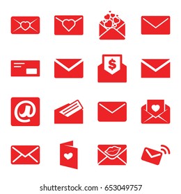 Envelope icons set. set of 16 envelope filled icons such as mail, love letter, at email, letter, envelop