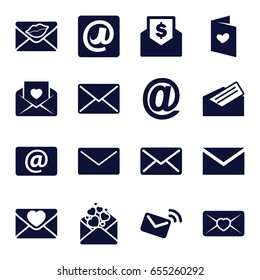 Envelope icons set. set of 16 envelope filled icons such as mail, love letter, email, at email, letter, envelope with dollar bill