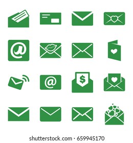 Envelope icons set. set of 16 envelope filled icons such as mail, love letter, email, at email, letter, envelop