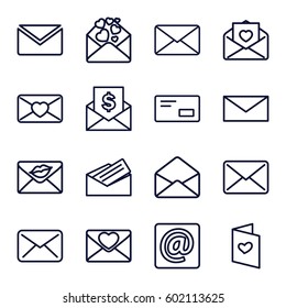 envelope icons set. Set of 16 envelope outline icons such as mail, love letter, at email, letter