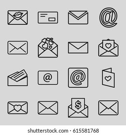 Envelope icons set. set of 16 envelope outline icons such as mail, love letter, email, at email, letter, envelop, envelope with dollar bill