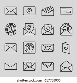 Envelope icons set. set of 16 envelope outline icons such as mail, love letter, email, at email, letter, envelop