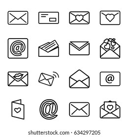 Envelope icons set. set of 16 envelope outline icons such as love letter, envelope, email, at email, letter, envelop, mail