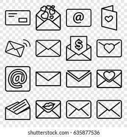 Envelope icons set. set of 16 envelope outline icons such as mail, love letter, email, at email, letter, envelop
