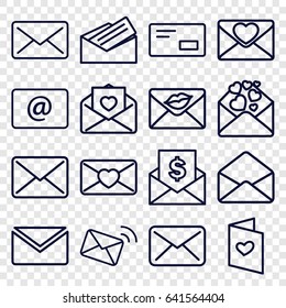 Envelope icons set. set of 16 envelope outline icons such as love letter, email, letter, envelop