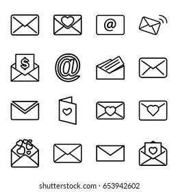 Envelope icons set. set of 16 envelope outline icons such as mail, love letter, email, letter, envelope with dollar bill